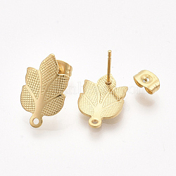 304 Stainless Steel Stud Earring Findings, with Loop and Ear Nuts/Earring Backs, Leaf, Real Gold Plated, 17x10.5mm, Hole: 1.2mm, Pin: 0.7mm(X-STAS-S079-64A)