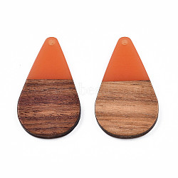 Transparent Resin & Walnut Wood Pendants, Teardrop Shape Charm, Coral, 38x22x3mm, Hole: 2mm(RESI-N025-030-C07)