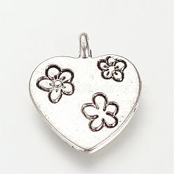 Tibetan Style Alloy Pendants, Heart with Flower, Cadmium Free & Lead Free, Antique Silver, 19x16x1.5mm, Hole: 1.5mm, about 625pcs/1000g(TIBE-S303-18AS-RS)