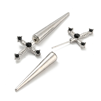 Alloy with Rhinestone Front Back Stud Earrings, Gothic Sword Shape, Platinum, 46.5x16.5x5.5mm