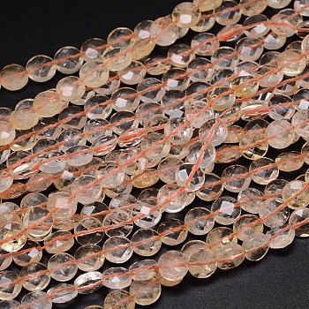 Natural Citrine Flat Round Bead Strands, Faceted, Dyed & Heated, 8x4mm, Hole: 1mm, about 49pcs/strand, 16 inch