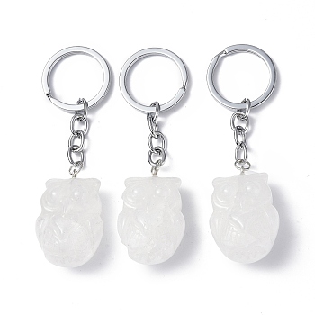 Natural Quartz Crystal Pendant Keychains, with Iron Keychain Findings, Owl, 8cm
