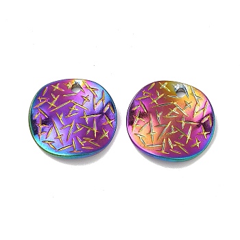 Ion Plating(IP) 304 Stainless Steel Pendants, Textured, Flat Round Charm, Rainbow Color, 15x1mm, Hole: 1.6mm