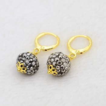 Dangling Round Ball Resin Rhinestone Earrings, with Golden Plated Brass Leverback Hoop Earring Settings, Hematite, 30mm, Pin: 1mm