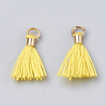 Polycotton(Polyester Cotton) Tassel Pendant Decorations, Mini Tassel, with Brass Findings, Light Gold, Yellow, 10~15x3~4mm, Hole: 2mm