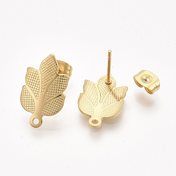 304 Stainless Steel Stud Earring Findings, with Loop and Ear Nuts/Earring Backs, Leaf, Golden, 17x10.5mm, Hole: 1.2mm, Pin: 0.7mm