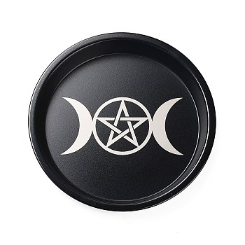 Carbon Steel Plate Candle Holder, Decorative Pillar Candle Plate, Witchcraft Table Centerpiece, Home Decoration, Black, Triple Moon Pentagram, 198x26mm, Inner Diameter: 180mm