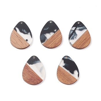 Resin & Walnut Wood Pendants, Two Tone Geometric Charms, Teardrop, 35.5x26x2.5mm, Hole: 2.3mm