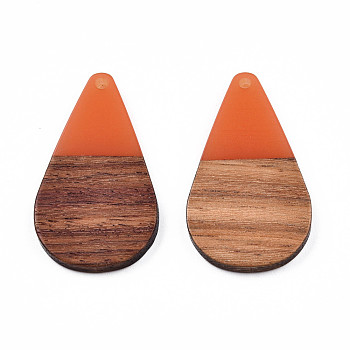 Transparent Resin & Walnut Wood Pendants, Teardrop Shape Charm, Coral, 38x22x3mm, Hole: 2mm