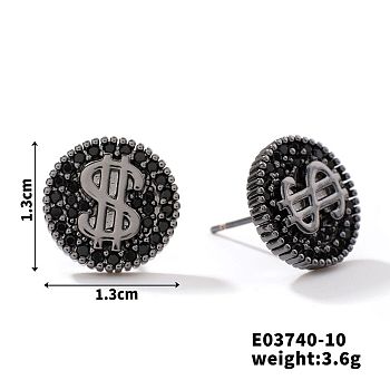 Chic Brass Cubic Zirconia Stud Earrings, Fashionable and Versatile Accessories, Flat Round, Black, 13x13mm