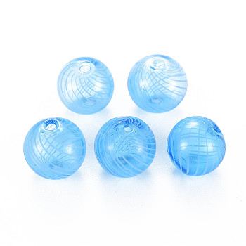 Transparent Handmade Blown Glass Globe Beads, Stripe Pattern, Round, Light Sky Blue, 12.5~13.5mm, Hole: 1~2mm