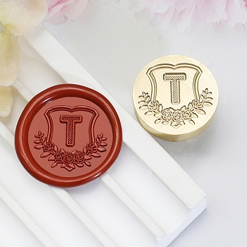 Golden Tone Round Wax Seal Brass Stamp Heads, for Wax Seal Stamp, Flower with Letter Pattern, Letter T, 20x14mm, Inner Diameter: 7mm