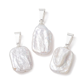 Natural Baroque Keshi Pearl Pendants, Rectangle Charms with 201 Stainless Steel Snap on Bails, White, Silver, 19.5~24x12~13x4~6mm, Hole: 7x3.5mm