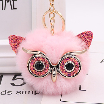 Pom Pom Ball Keychain, with KC Gold Tone Plated Alloy Lobster Claw Clasps, Iron Key Ring and Chain, Owl, Pink, 12cm
