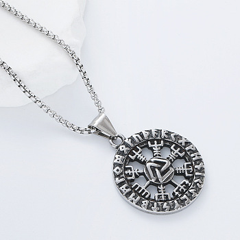 Vintage 304 Stainless Steel Pirate Rune Viking Compass Pendant Necklaces for Men Women, Stainless Steel Color, 23.62 inch(60cm)