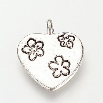 Tibetan Style Alloy Pendants, Heart with Flower, Cadmium Free & Lead Free, Antique Silver, 19x16x1.5mm, Hole: 1.5mm, about 625pcs/1000g