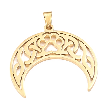 304 Stainless Steel Hollow Pendants, Double Horn/Crescent Moon with Cat Paw Print Charm, Golden, 28x30x1.5mm, Hole: 4.5x3mm