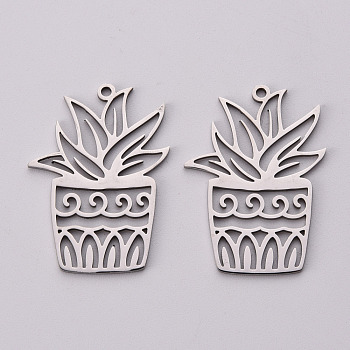 201 Stainless Steel Pendants, Laser Cut, Flower Pot, Stainless Steel Color, 31.5x23x1mm, Hole: 1.5mm