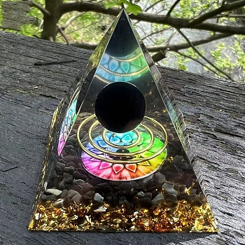 Resin Display Decoration, with Natural Obsidian, with Random Color Brass Finding, for Home Decoration, Pyramid, 60x60x60mm