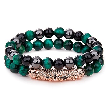 2Pcs 2 Style Natural Tiger Eye & Gemstone Stretch Bracelets Set, Cubic Zirconia Tube Beaded Essential Oil Gemstone Bracelet for Women, Green, Inner Diameter: 2-1/8 inch(5.5cm), 1Pc/style
