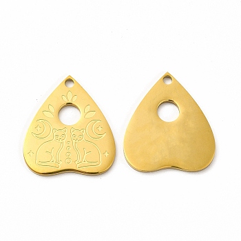 Ion Plating(IP) 304 Stainless Steel Pendants, Heart with Cat Charms, Golden, 25x22x1.4mm, Hole: 2mm