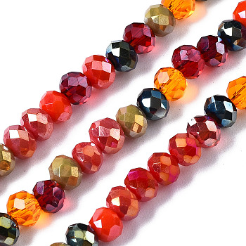 Electroplate Glass Beads Strands, Faceted, Rondelle, Red, 4.5x3.5mm, Hole: 1mm, about 140~143pcs/strand, 18.90 inch~19.29 inch(48cm~49cm)