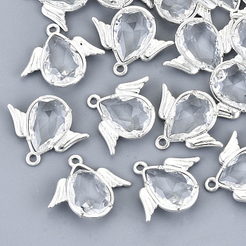 Faceted Glass Pendants, with Eco-Friendly Alloy Findings, Cadmium Free & Nickel Free & Lead Free, Angel, Silver, Clear, 18x22x4.5mm, Hole: 1.6mm