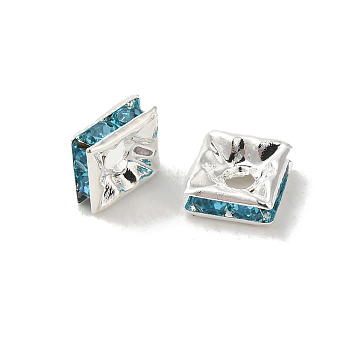 Brass Rhinestone Spacer Beads, Square, Nickel Free, Cyan, Silver Color Plated, 6mmx6mmx3mm, hole: 1mm