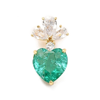Brass Micro Pave Clear Cubic Zirconia Pendants, with Glass, Heart Charms, Real 18K Gold Plated, Green, 24.5x13x12mm, Hole: 6x4mm