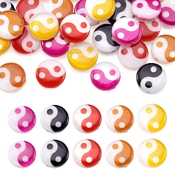 30Pcs 5 Colors Printed Natural Freshwater Shell Beads, Yin Yang Flat Round Beads, Mixed Color, 8x2.5~3mm, Hole: 0.8mm, 6pcs/color