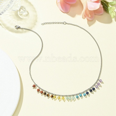 Natural & Synthetic Mixed Gemstone Round Charms Bib Necklace with 304 Stainless Steel Chains(NJEW-TA00088)-3