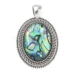 Natural Paua Shell Pendants, Alloy Geometric Charms, Antique Silver, Colorful, Oval, 42x26.5x6.5mm, Hole: 7x4.5mm(SH-K001-01A)