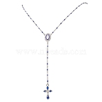 304 Stainless Steel Rosary Bead Necklaces, Alloy Enamel Blue Virgin Cross Pendant Necklaces, Stainless Steel Color, 24.53 inch(62.3cm)(NJEW-JN05775)