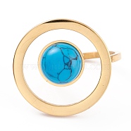 Ion Plating(IP) 304 Stainless Steel Finger Rings, with Synthetic Turquoise Round Bead, Golden, Size 7, Inner Diameter: 17.3mm, 2mm(RJEW-Z008-11B-G)