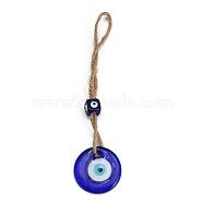 Handmade Lampwork Blue Evil Eye Hanging Ornaments, Jute Rope for Home Car Decorations, Flat Round, 165mm(PW23022381703)