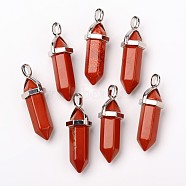 Natural Red Jasper Double Terminated Pointed Pendants, with Random Alloy Pendant Hexagon Bead Cap Bails, Bullet, Platinum, 36~45x12mm, Hole: 3x5mm, Gemstone: 10mm in diameter(X-G-F295-04D)