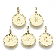 Alloy Pendants, Cadmium Free & Nickel Free & Lead Free, Flat Round with Letter, Real 18K Gold Plated, Letter.R, 17x11.5x1.5mm, Hole: 2.5mm(X-PALLOY-N157-004R-NR)