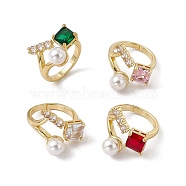 Rack Plating Brass Cubic Zirconia Cuff Rings for Women, Square Long-Lasting Plated Open Ring, with Plastic Imitation Pearl, Lead Free & Cadmium Free, Real 18K Gold Plated, Mixed Color, 2.7~18.5mm, Inner Diameter: US Size 6 1/4(16.8mm), Square: 7x7.5mm, Rectangle: 10.5x3.5mm, Plastic Pearl: 7mm(RJEW-M145-26G)