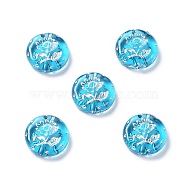 Plating Transparent Acrylic Beads, Metal Enlaced, Flat Round with Flower Pattern, Deep Sky Blue, 17.5~18x5~5.5mm, Hole: 1.8mm, about 399pcs/500g(OACR-G016-27I)