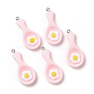 Opaque Resin Pendants, with Platinum Tone Iron Loops, Imitation Food, Spoon with Poached Egg, Pink, 42x18.5x6mm, Hole: 2mm(RESI-G032-F02)