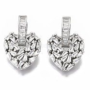 Brass Micro Pave Cubic Zirconia Dangle Huggie Hoop Earrings, Nickel Free, Heart, Clear, Real Platinum Plated, 28mm, Pin: 1x1mm(EJEW-S201-216P-NF)