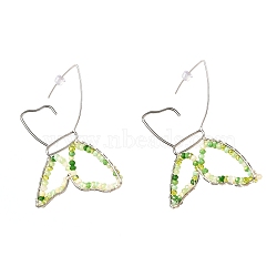 Butterfly Glass Beads Dangle Earrings for Girl Women, Brass Wire Wrapped Earrings, Platinum, Light Green, 72x78x3mm, Pin: 0.8mm(EJEW-JE04658-03)
