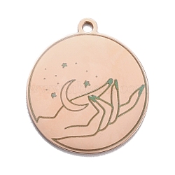 304 Stainless Steel Pendants, Flat Round with Moon & Hand, Rose Gold, 28x25x1.4mm, Hole: 2mm(STAS-C032-03RG)