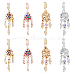 8Pcs 4 Styles Alloy European Dangle Charms, with Rhinestone, Large Hole Pendants, Woven Net/Web with Feather, Mixed Color, 44~45mm, Hole: 4~5mm, 2pcs/style(MPDL-FH0001-10)