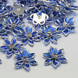 Acrylic Rhinestone Flower Flat Back Cabochons, with Brass Findings, Royal Blue, 24x7mm(GACR-R016-13)