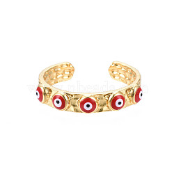 Real 18K Gold Plated Brass Open Cuff Ring with Enamel Evil Eye for Women, Nickel Free, Red, US Size 8(18.1mm)(RJEW-Q166-02D)