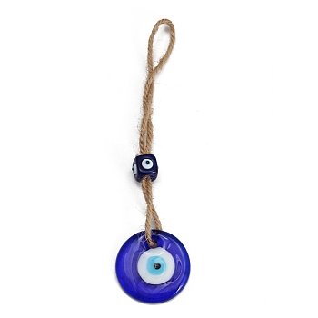 Handmade Lampwork Blue Evil Eye Hanging Ornaments, Jute Rope for Home Car Decorations, Flat Round, 165mm