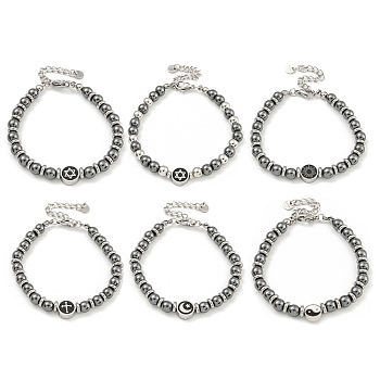 304 Stainless Steel & Synthetic Non-magnetic Hematite Round Beaded Bracelets for Women, Mixed Shapes, 6-7/8 inch(17.5cm)