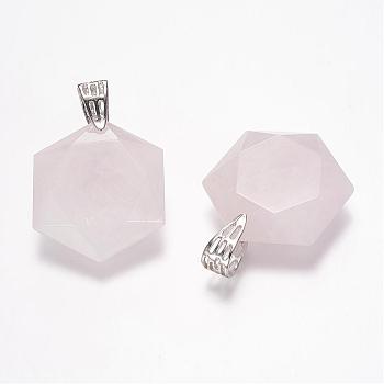 Natural Rose Quartz Gemstone Pendants, Faceted, Hexagram, Platinum, 41x28x9mm, Hole: 5x9mm