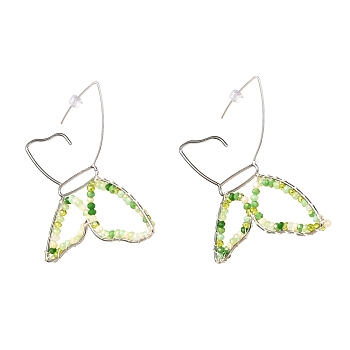 Butterfly Glass Beads Dangle Earrings for Girl Women, Brass Wire Wrapped Earrings, Platinum, Light Green, 72x78x3mm, Pin: 0.8mm